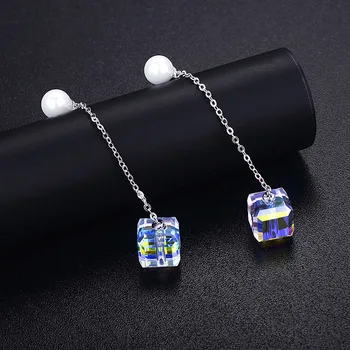 

SALE Fashion jewelry Square Colorful Crystal Long Pearl Tassel Earrings charm Female Crystal from Swarovskis chain Woman gift