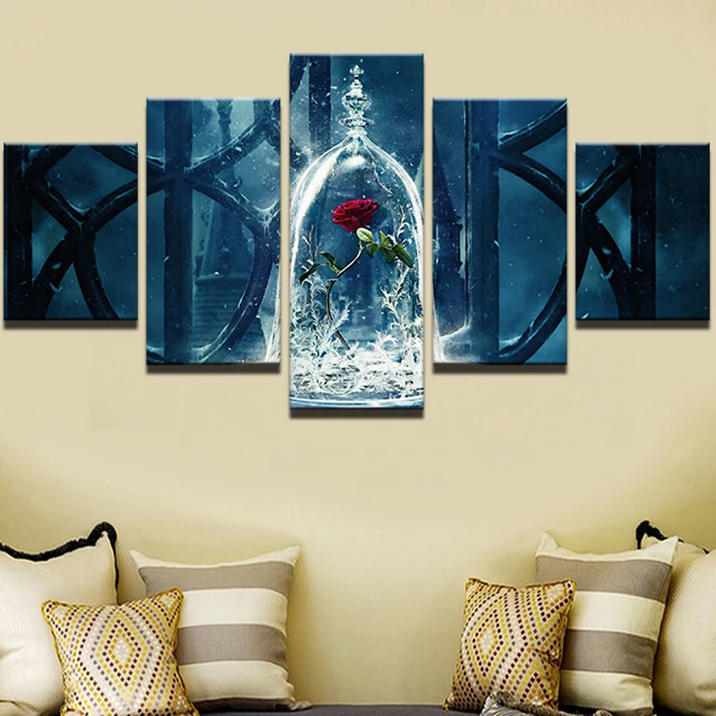 Modular Canvas Home Decor Living Room HD Printed Wall Art 5 Pieces Beauty And The Beast Painting Red Rose Flower Movie Pictures