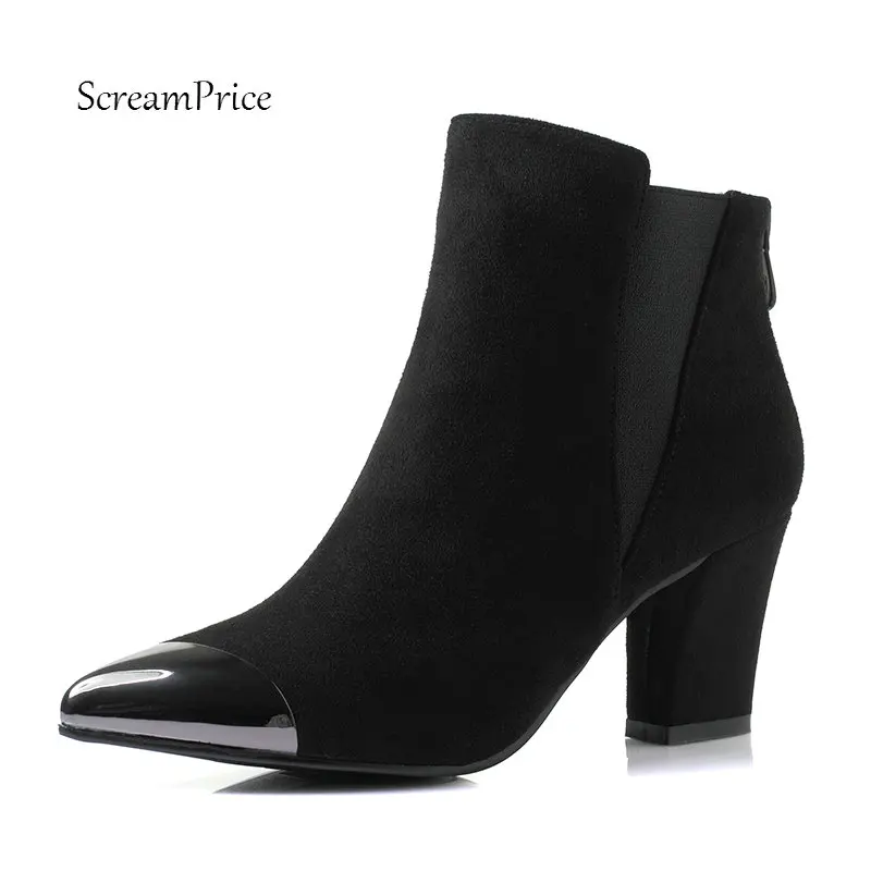 

Women Zipper Boots High Heels Ankle Boots Flock Leather Pointed Toe Autumn Winter Fashion Ladies Shoes Plus Size 43 2018 New