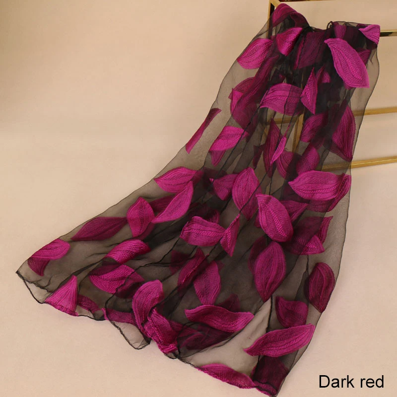Женский тонкий шарф с вышитыми листьями шелковый длинный шарф Echarpe цветочный шейный теплый Пляжный платок накидка в клетку - Цвет: dark red