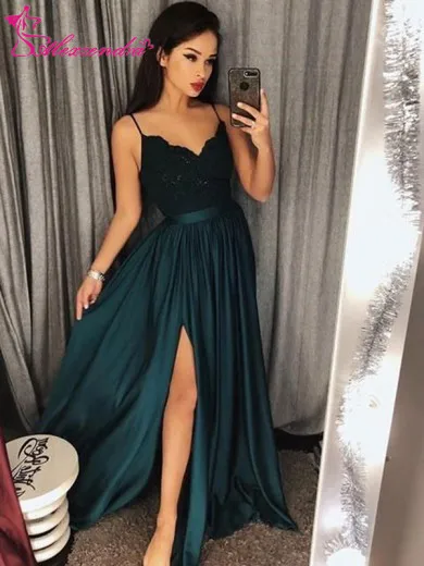 

Alexzendra Dark Green A Line Prom Dresses Customize 2019 Side Slit Spaghetti Straps Sweetheart Elegant Party Dresses Plus Size