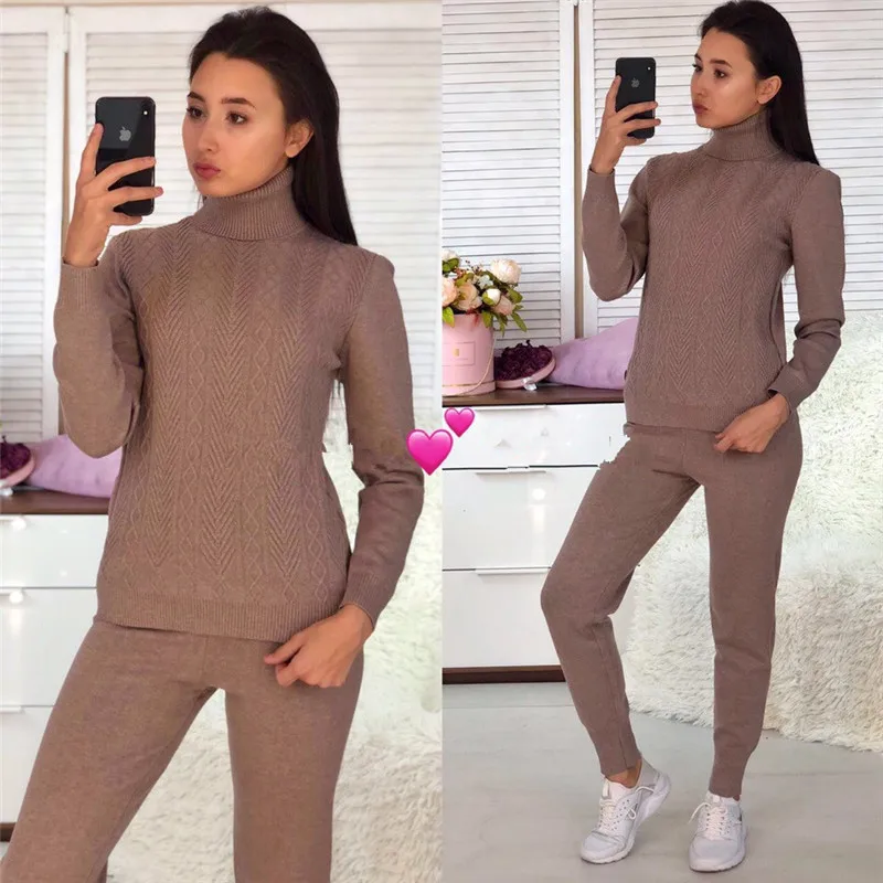 Women Casual Knitted Suit Set Knitting Sweater Pants Tracksuit Femme Outfits 2 Pieces