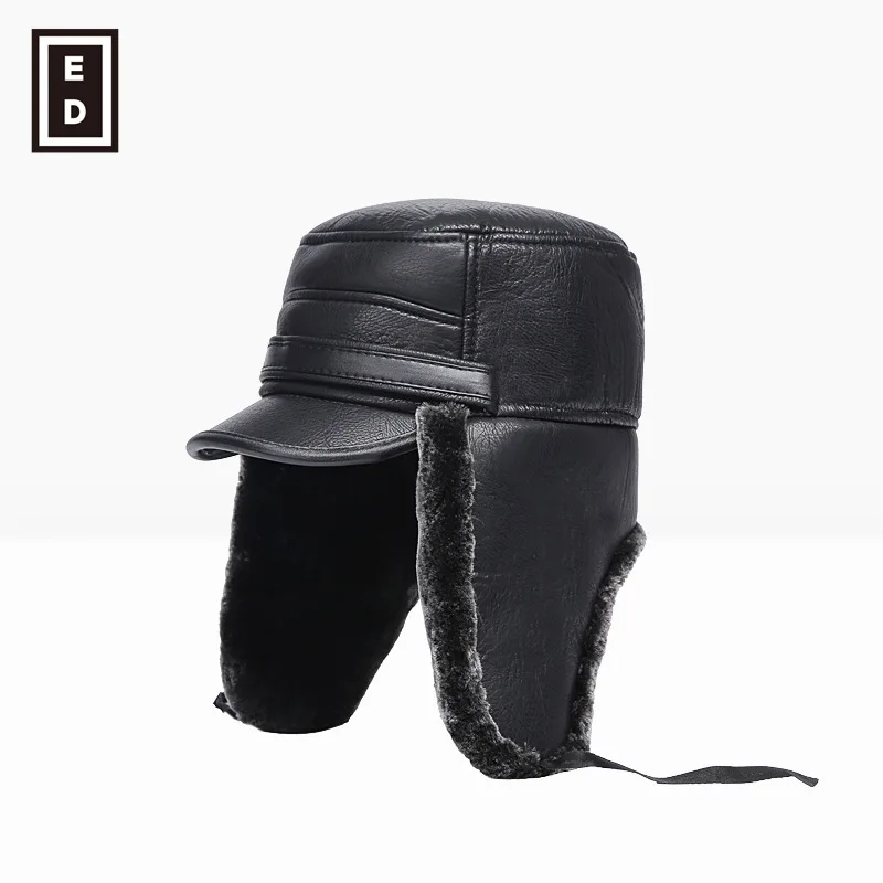 B-8549 Unisex Winter Warm Hat Men's Leather Bomber Hats Thickened Ear Flat  Warm Man Bomber Hat Russian Ushanka Hat thermal aviator bomber winter hat Bomber Hats