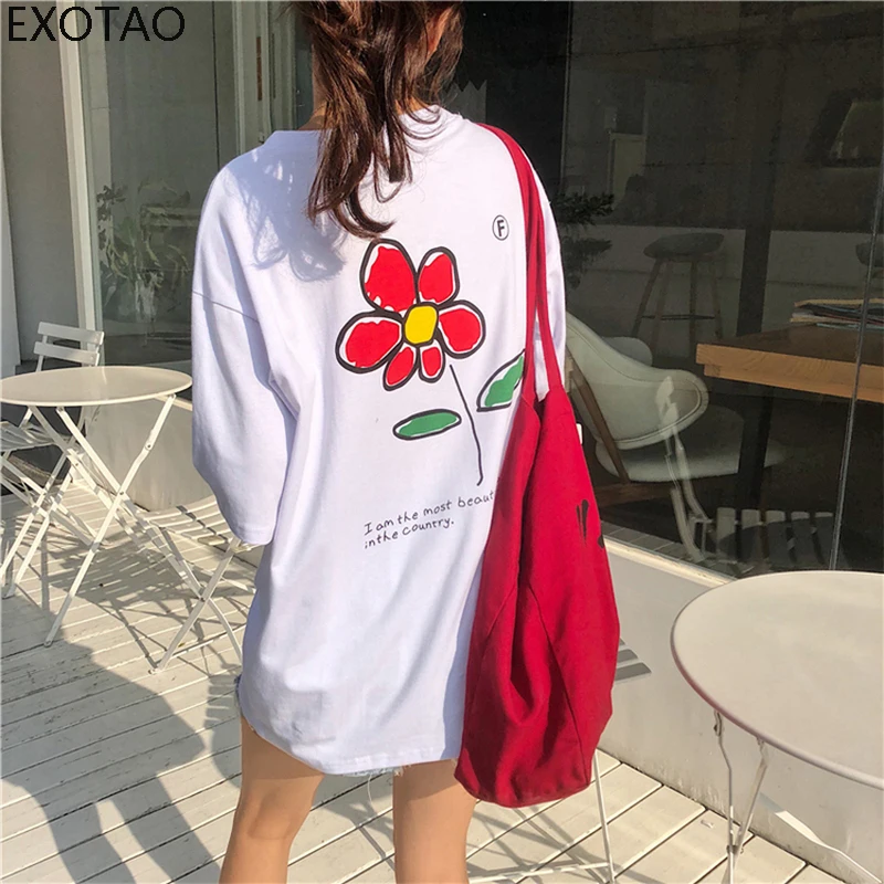 EXOTAO Kawaii футболка с цветочным принтом Женская свободная Harajuku белая женская