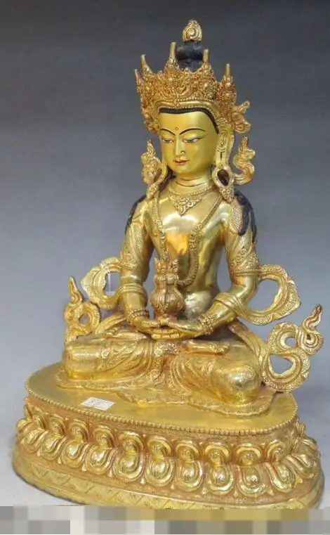 

S02811 13"Tibet Buddhism 100% Bronze 24K Gold Painting longevity Amitayus Buddha Statue