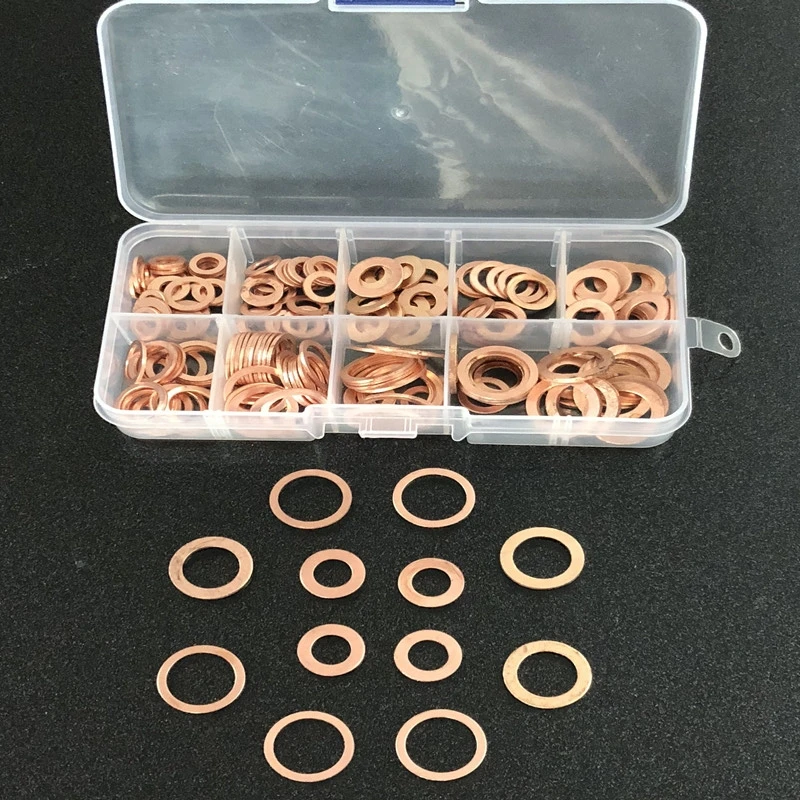 

200pcs 9 Sizes Copper Washers M5-M14 Copper Gaskets Set Flat Ring Seal Kit Set with Plastic Box For Machinery Equiment New