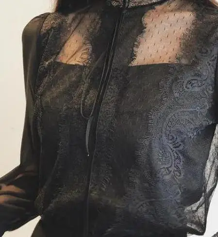 Осенняя Новинка, Сказочная блуза, женская шифоновая рубашка, приталенная, с расклешенными рукавами, кружевная блузка, на бретельках - Цвет: Черный