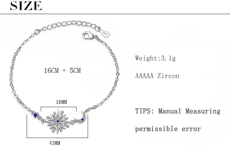 Anenjery бренд Горячая Мода микро CZ Солнечный свет Луна Звезда браслет для женщин 925 пробы серебро циркон ювелирные изделия pulseira S-B190