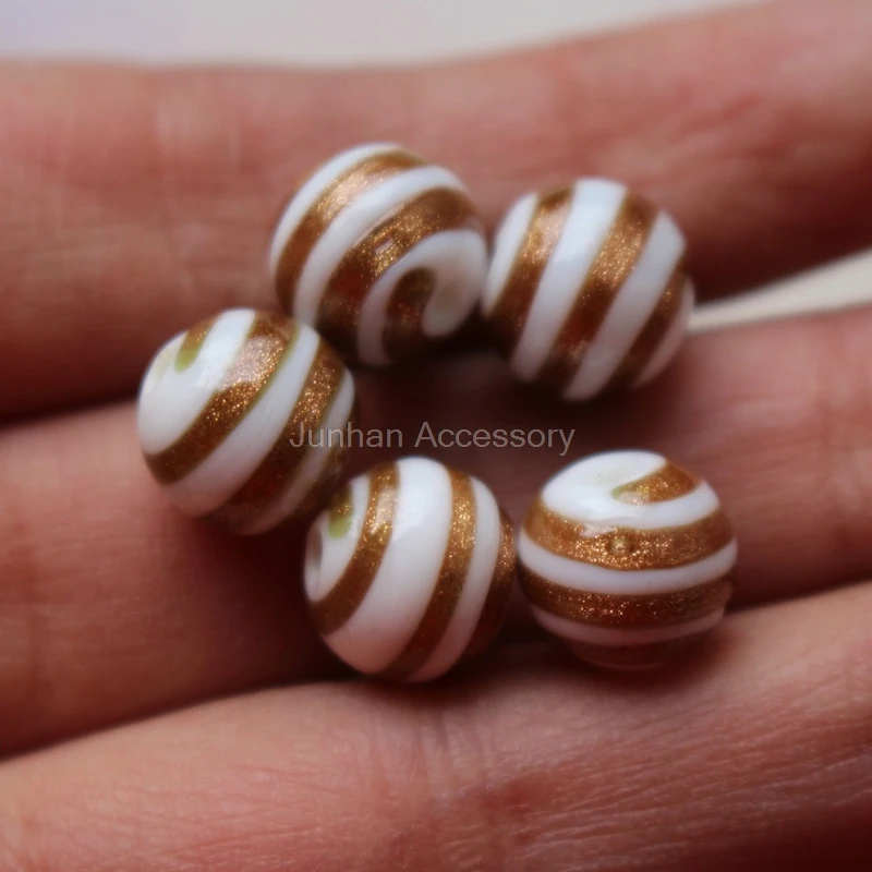 

10Pcs 10mm Handmade Glass lampwork beads White with gold strips Fine for jewelry making Wholesale and Retail