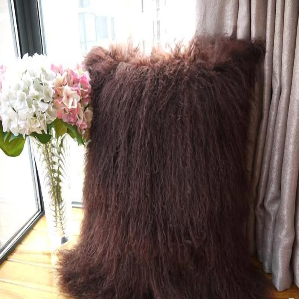 2016 Genuine Brown Mongolian Fur Pillow Cover Brown Tibet Fur cushion Cover 30x50 cm Throw ...