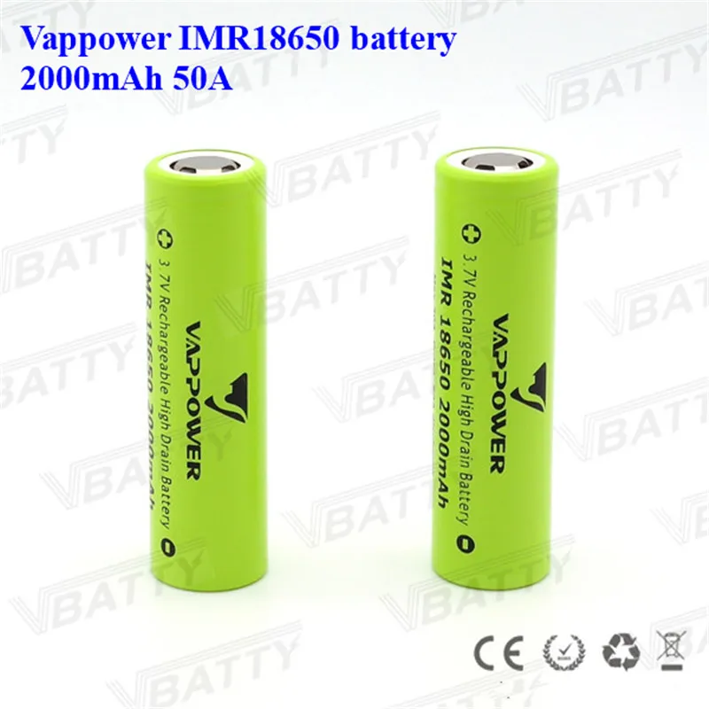 2000mAh 3,7 V Li-Ion Vappower IMR18650 Перезаряжаемый 18650 2000mAh 50A мощный аккумулятор для фонарика камеры