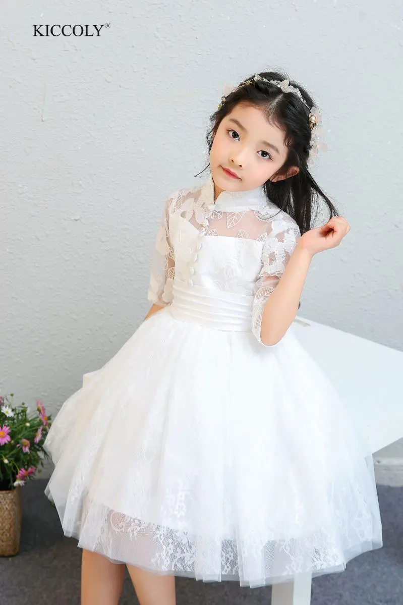 

KICCOLY 2018 Summer Elegant White Tulle Flower Party Dress Baby Girls Dress Flower Girl Princess Wedding Dresses First Communion