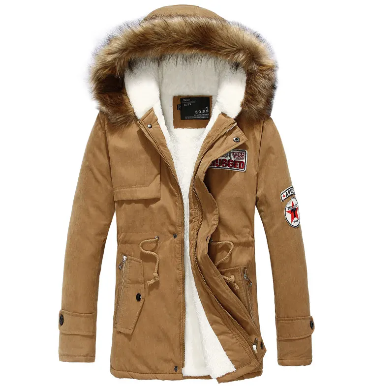 Khaki Зимние пальто для мужчин горячая распродажа зимние мужские модные куртки теплые толстые меховые Внутри пальто с капюшоном Прямая поставка S-4XL - Цвет: Khaki