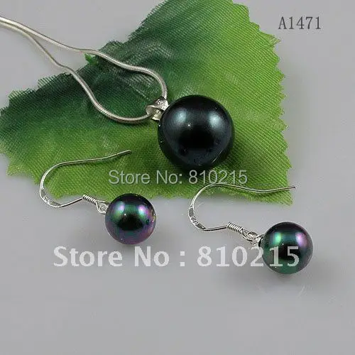 

Charming! AA 8-14MM Round Shaper Black Color Mother-Of-Pearl Pendant Earring Free Silver Necklace New Free Shipping A1471