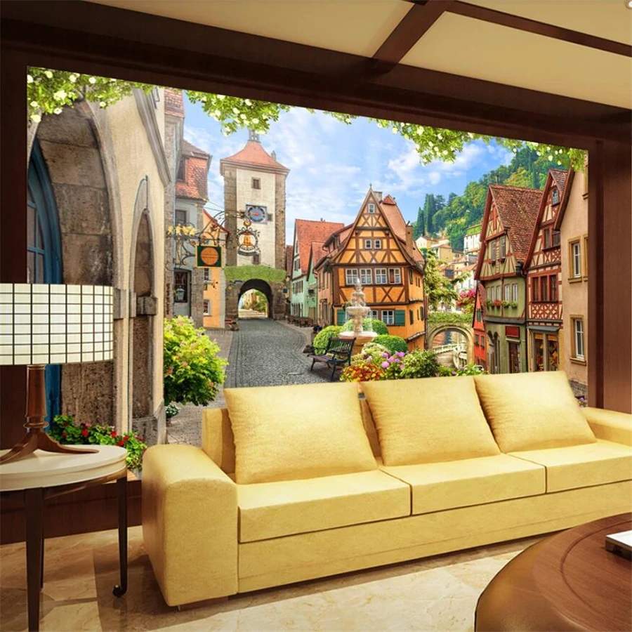 

beibehang Custom wallpaper 3d murals Italian town street landscape decoration painting retro European TV background wall paper