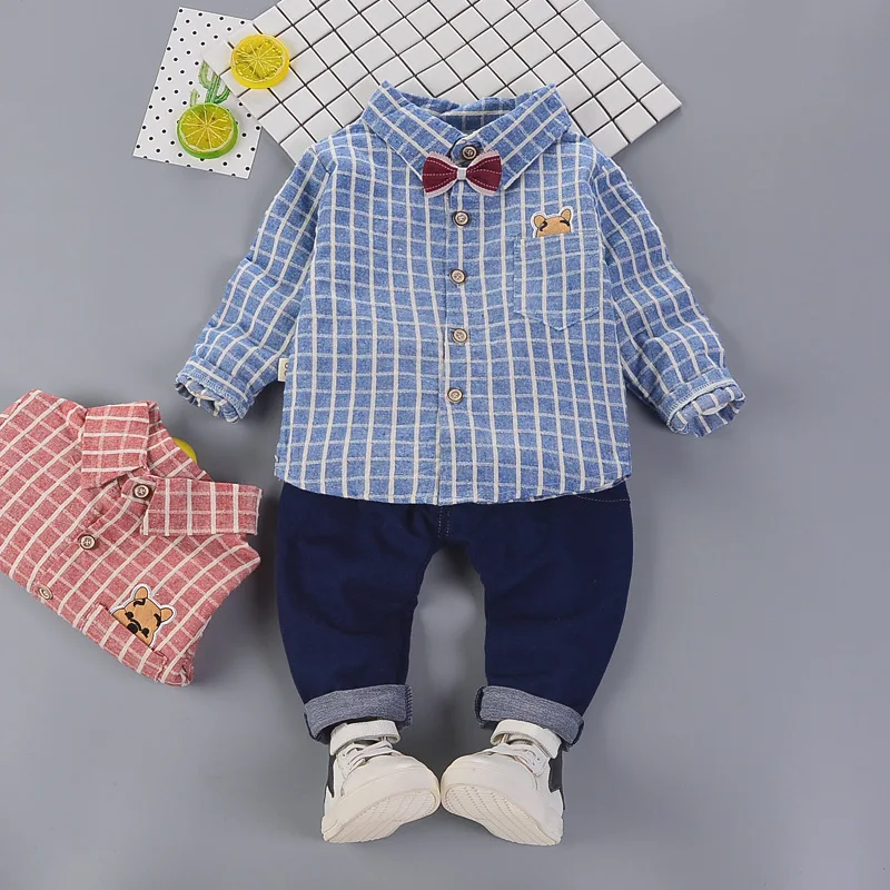 Демисезонный для мальчиков Комплекты одежды для девочек маленьких Рубашка с галстуком штаны 2 шт./компл. для малышей Модная одежда для младенцев, малышей и Повседневное спортивные костюмы