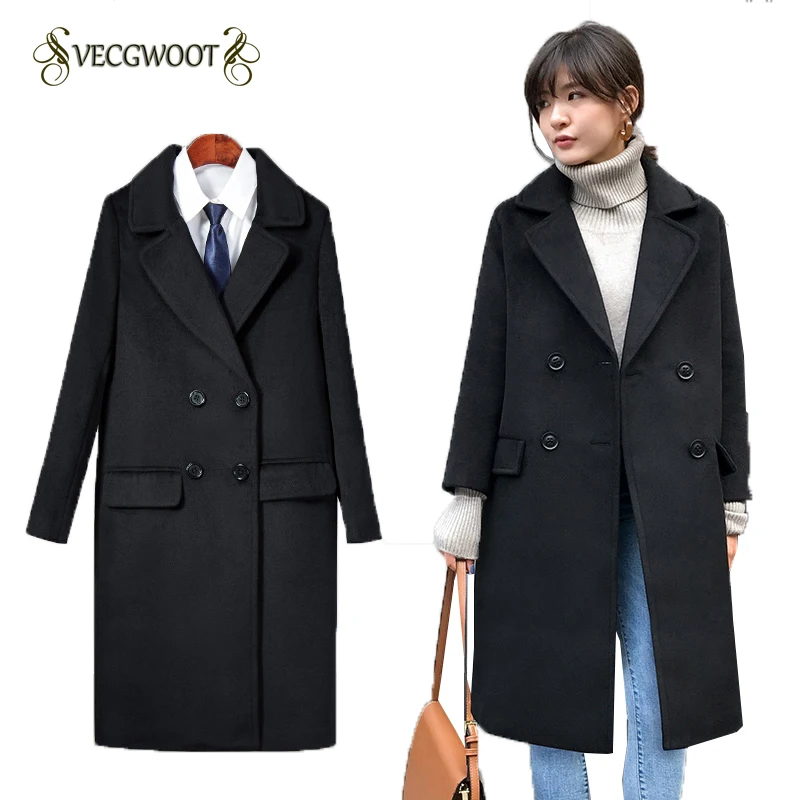 Workwear woolen coat women Long plus cotton formal work clothes black