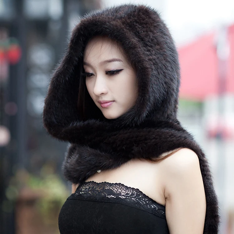 Goede 2018 Real gebreide echte mink fur hoed met sjaals winter moffel hoody stola handgemaakte natuurlijke bont voor lady wrap gratis verzending