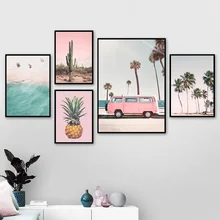 Pintura de tela de arte para parede, arte de parede com abacaxi azul marinho, rosa, cacto, praia, posteres e impressões nórdicas, sala de estar decoração
