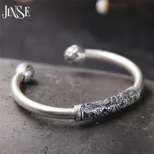 JINSE New Pure S990 Sterling Silver Bracelets For Women Brand Luxury Elegant Lotus Fish Carved Bangle Fine Jewelry 8mm 22.10G