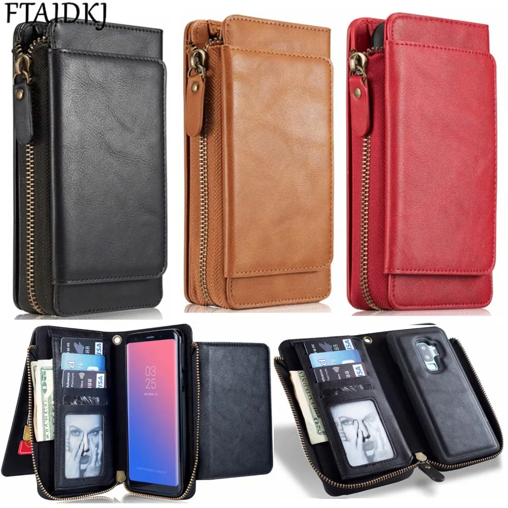 

FTAIDKJ Detachable Zipper Flip Wallet PU Leather Cover Case For Samsung S7 Edge S8 S9 Plus Note 8 9 Multifunction Handbag Pouch