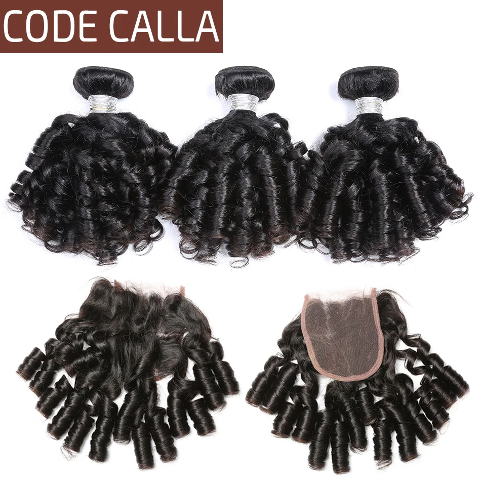 

Code Calla Remy Bouncy Curly Hair Three Bundles With Lace Closure Free Part Salon Brazilian 100% Human Hair Weaving Extensions