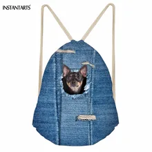 INSTANTARTS милые 3D Животные карман джинсовая собака породы чихуахуа печати девушки Мальчики мешки с Кулиской Повседневные детские школьные сумки мягкий рюкзак