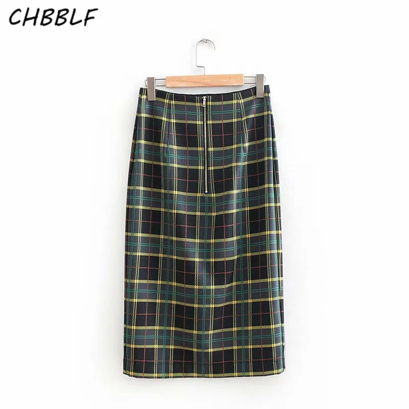 CHBBLF, Женская шикарная клетчатая юбка миди, faldas mujer, для офиса, для женщин, для работы, с разрезом, на молнии сзади, винтажные повседневные юбки, XDN8631