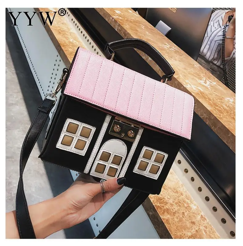 

House Pattern Leather Handbag Women Fashion Crossbody Bag With Hanging Strap Cute Girl Purse And Handbags Female Shoulder Bag
