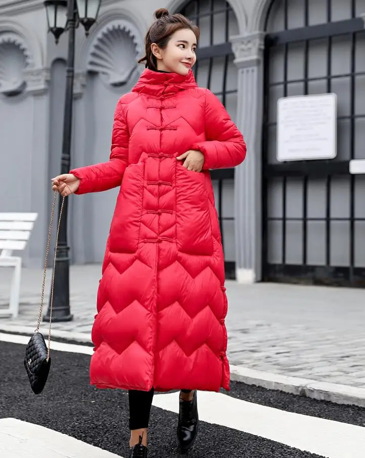 SWREDMI, новинка, китайский стиль, утолщенное теплое зимнее пальто для женщин, длинное пальто, верхняя одежда, пуховики, хлопковые парки, одноцветные ватные куртки - Цвет: Красный
