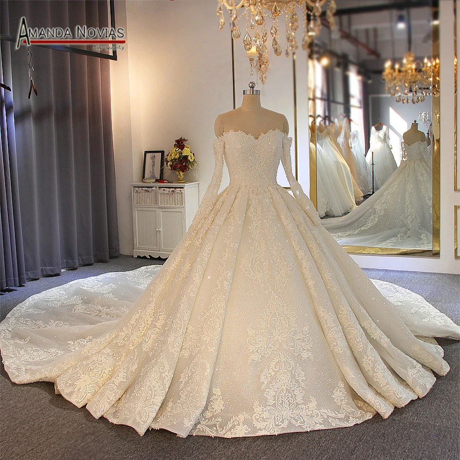 قبالة الكتف كم طويل الدانتيل الكامل الخرز ثوب زفاف فستان زفاف 2022 Wedding Dresses Aliexpress