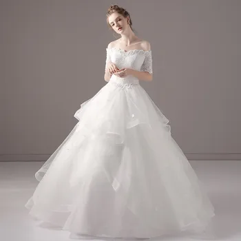 

Ruffled Organza Ball Gown Wedding Dress with Lace Appliques 2020 Wedding Gowns Short Sleeves Bride Dresses vestido novia