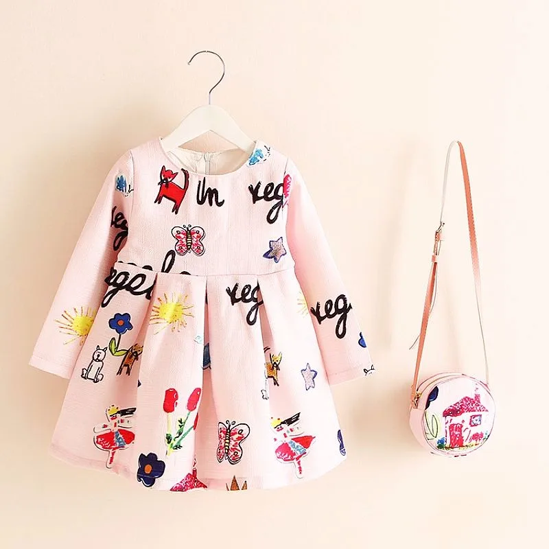 Long Sleeve Dress Girl Christmas Dress 2021 Autumn Winter Floral Print Toddler Girl Dresses Kids Clothes Children Dress with Bag cute baby dresses