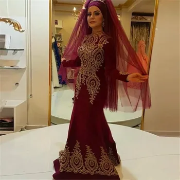 

Burgundy Muslim Evening Dresses 2019 Mermaid Appliques Lace Women Islamic Dubai Saudi Arabic Long Formal Evening Gown