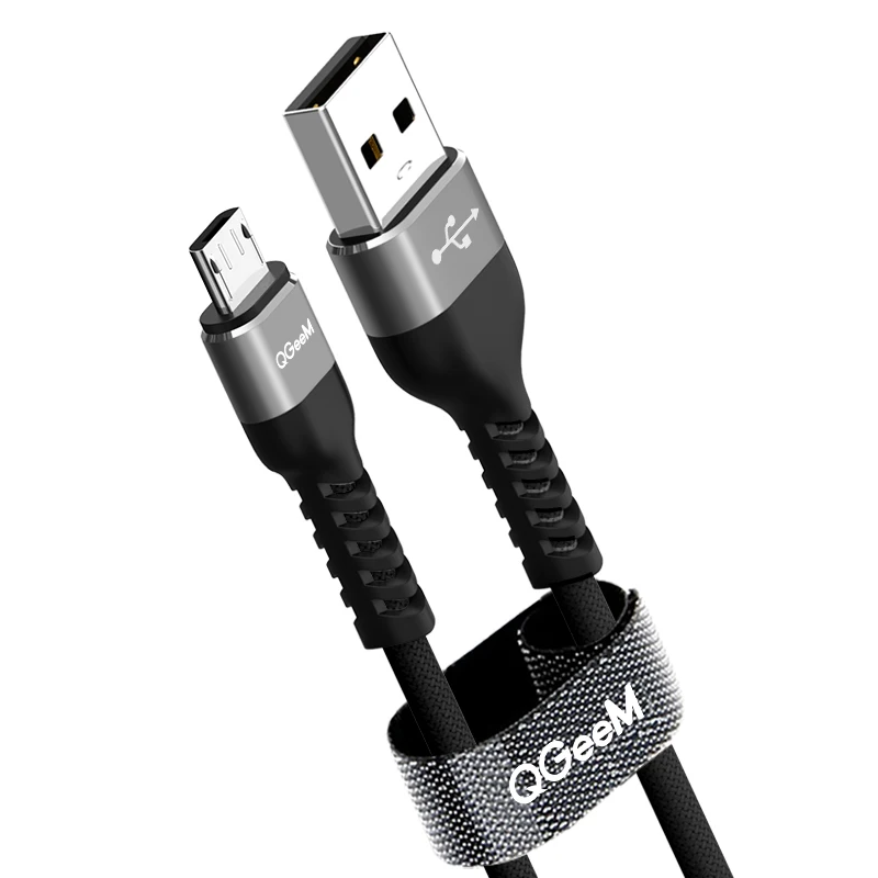 QGeeM Micro USB Cable 2.4A Nylon Fast Charge USB Data Cable for Samsung Xiaomi LG Tablet Android Mobile Phone USB Charging Cable - Color: Black-grey