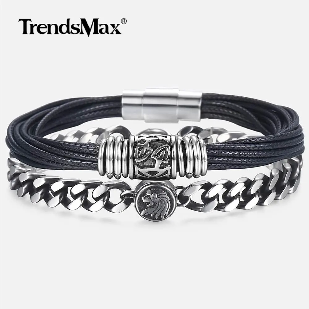2Pcs/Set Leather Bracelet Stainless Steel Multilayer Braided Magnetic Clasp Gunmetal Curb Cuban Lion Head Charm Jewelry DLBF35 | Украшения