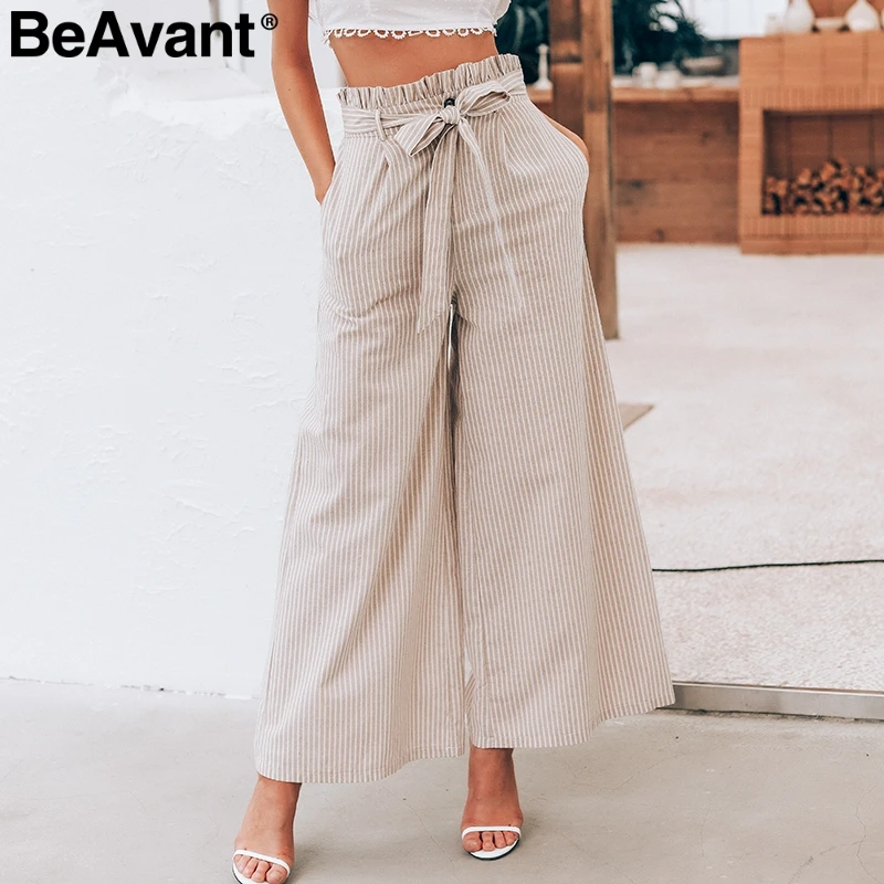 

BeAvant Cotton linen high waist casual pants women Bow sash summer wide leg pants female Pocket office ladies trousers bottoms