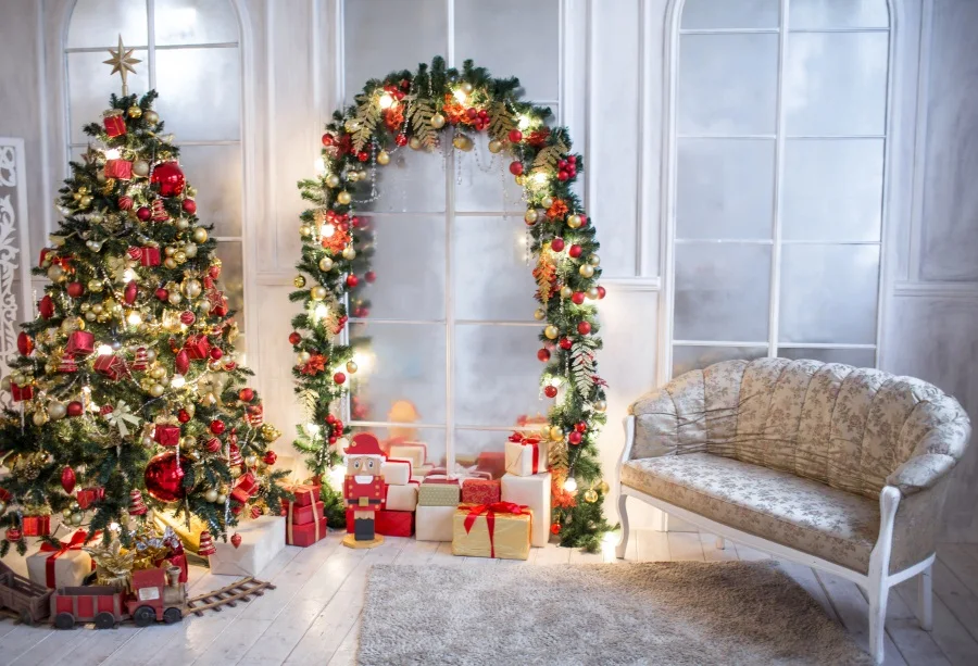 

Laeacco Christmas Tree Decor Gift Arch Door Pine Sofa Baby Photo Backgrounds Customized Photography Backdrops For Photo Studio