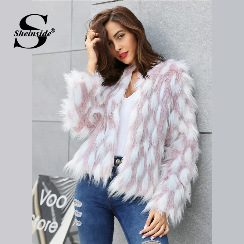 

Sheinside Elegant Women Colorblock Faux Fur Crop Teddy Coat 2018 New Autumn Winter Workwear Casual Office Ladies Outerwear