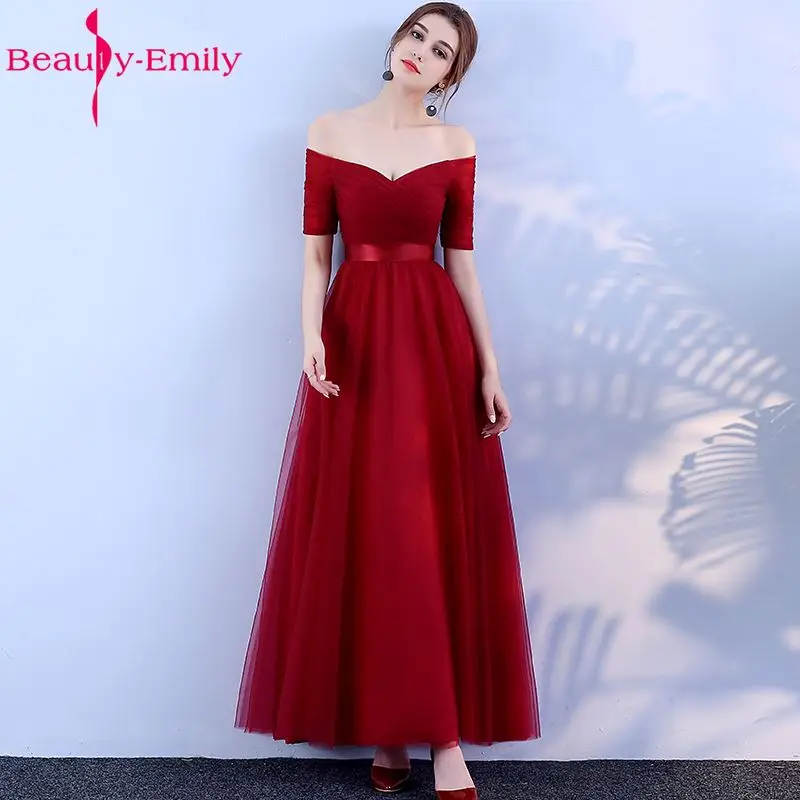 Beauty-Emily Long Burgundy Cheap Bridesmaid Dresses 2021 A-Line Off the Shoulder Half Sleeve Vestido da dama de honra