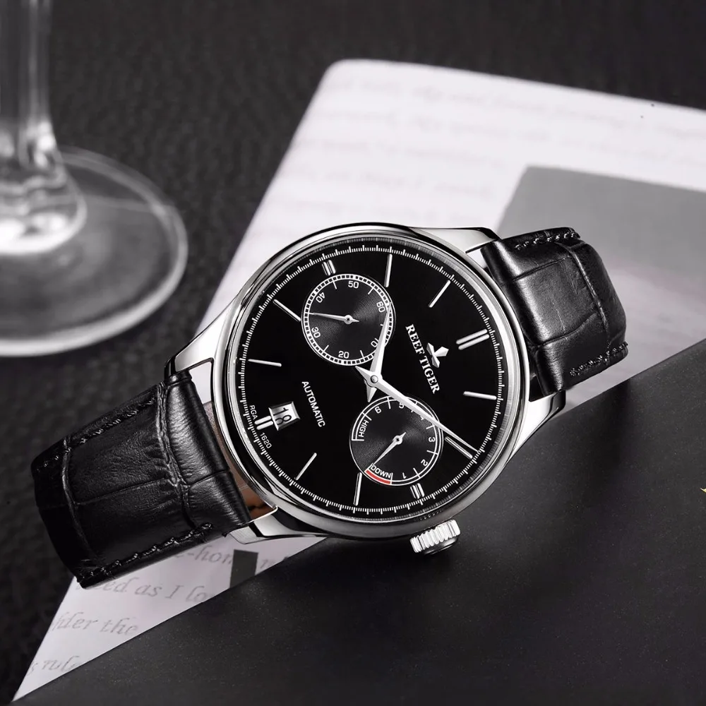  Reef Tiger/RT Elegant Business Mens Watch Automatic Steel Watch with Calendar Small Seconds Power R