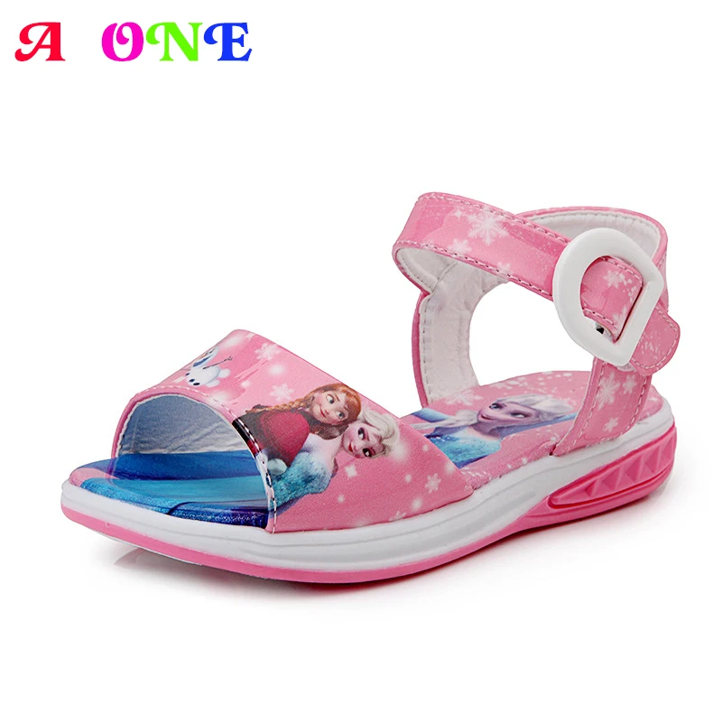 

Summer cartoon snow anna princess print baby girls PU sandals kids buckle sandals children beach shoes high heels toddler size