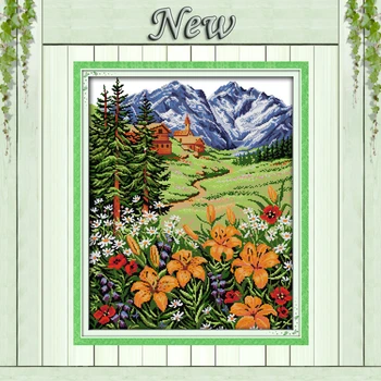 

Snow Mountain in spring Scenery Home painting 11CT counted print on Canvas DMC 14CT Cross Stitch Embroidery kits Needlework Sets