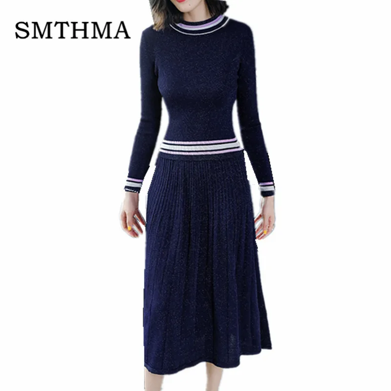 

SMTHMA HIGH QUALITY New 2019 Fashion Designer Runway Suit Set Women's Knitting Long sleeve Sweater+ two piece Pleated Skirt Set