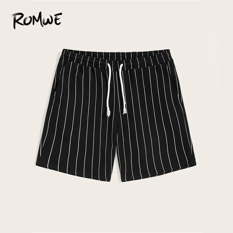 

ROMWE Male Drawstring Elastic Waist Black Shorts For Men 2019 Summer Casual Beach Shorts Textured White Striped Shorts