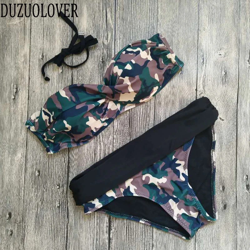 

Camouflage Bikini High Waist Swimsuit High Neck Swimwear Camo Bandage Cross Bathing Suit Women Army Green Bathing Wear