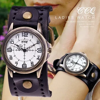 

CCQ Brand Fashion Vintage Cow Leather Quartz Watch Women Men Bronze Sight Dial Casual Dress Wristwatches Clock Relogio Masculino