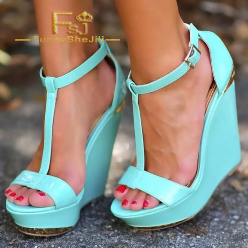 Cyan T Strap Open Toe Wedges Platform Sandals for Women Summer Black