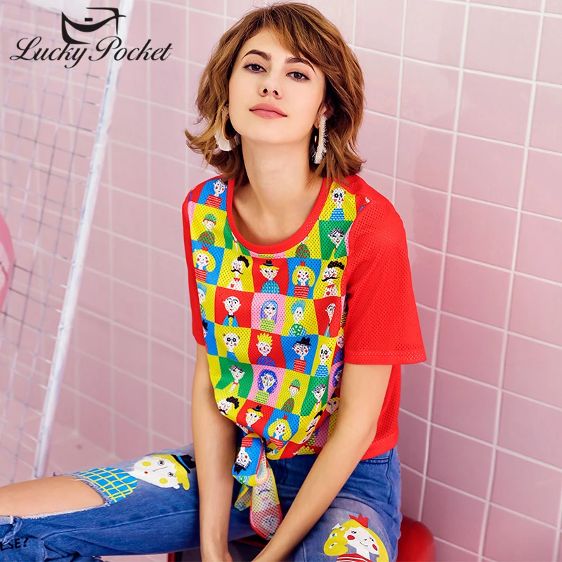 

2019 Female Summer Hollow Out T-Shirt Cartoon Print Women Red Tshirts Short Sleeve O-Neck Top Casual Loose Slim Girl Tees LY671