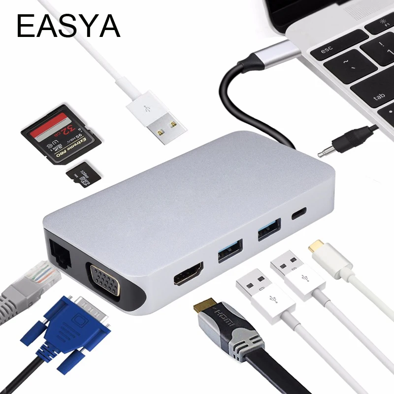 Easya 10 в 1 USB 3.0 концентратор USB-C концентратор к HDMI VGA Rj45 адаптер с pd Тип- C зарядки Порты и разъёмы SD Card Reader слот для MacBook Pro